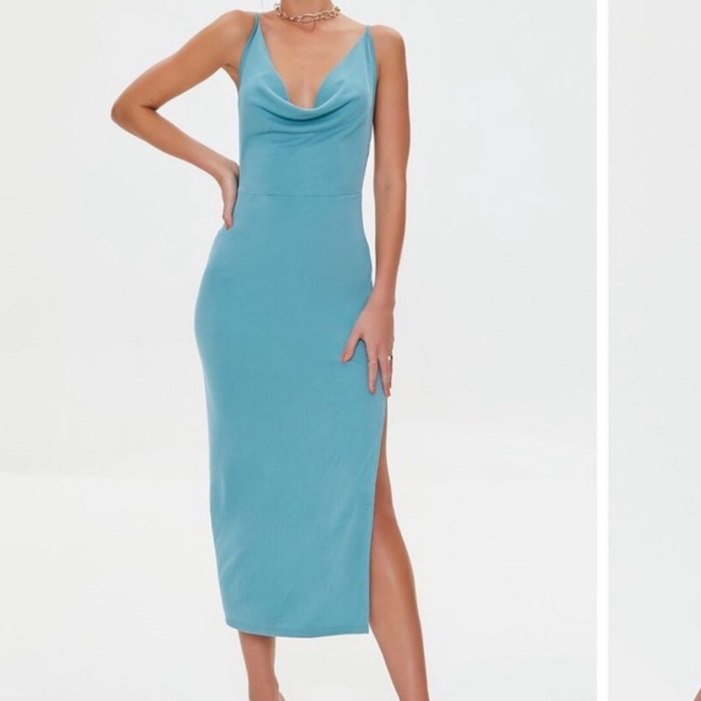Elegant Ribbed Teal Cowl Neck Low Back Midi Dress